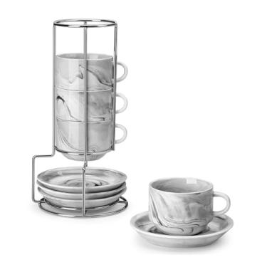 Imagem de MALACASA Conjunto de 4 xícaras de café expresso de porcelana de 118 ml com pires e suporte de metal, cinza mármore