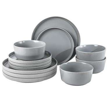 Imagem de Gibson Home Conjunto de louça de grés Dempsey Road com 12 peças – Serviço para 4, pratos e tigelas redondas cinza, conjunto de pratos em relevo moderno, de cor sólida, durável, seguro para micro-ondas