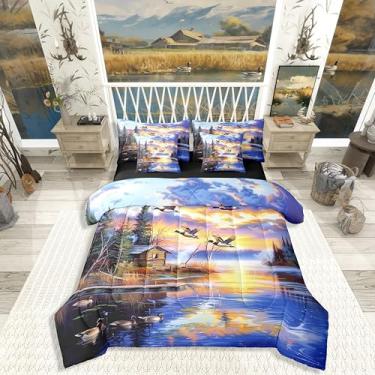Imagem de Erosebridal Jogo de cama rústico de pato selvagem com edredom e cabana rústica, tamanho solteiro, beira-mar, azul, laranja, pôr do sol, caça, cama, em um saco, safári, animal, floresta, 7 peças