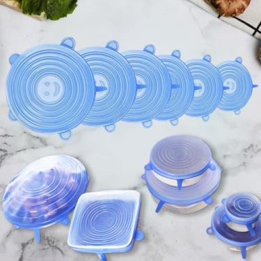 Imagem de 6 peças de tampas elásticas de silicone, tampas reutilizáveis de recipiente de silicone sem desperdício para sobras de potes de frutas (azul)