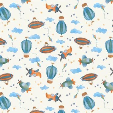Imagem de Tecido Tricoline Digital Brincando nas Nuvens - Avião, Balão e Dirigív