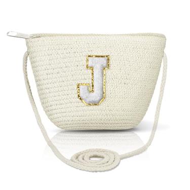 Imagem de Bolsa transversal de palha para mulheres bolsas de verão iniciais feitas à mão bolsa de praia tecida para viagens férias presentes de aniversário personalizados, Bege-grande-j