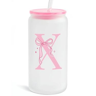 Imagem de SANDJEST Copo de vidro monograma com tampa acrílica e canudo, copo de café gelado fosco personalizado 473 ml, monograma presentes iniciais para mulheres meninas no aniversário (X)