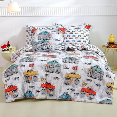 Imagem de Mooreeke Jogo de lençol casal para meninos e crianças, 8 peças, cama em um saco, caminhão monstro, edredom com fronhas e travesseiro decorativo, microfibra ultramacia