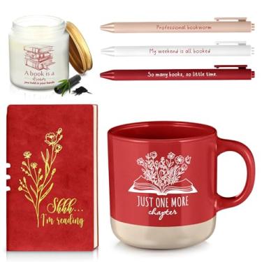 Imagem de Baderke Ideia de presente para amantes de livros para chefes mulheres homens 6 peças acessórios de leitura livros A6 caderno caneta esferográfica copo de cerâmica vela clube de leitura presente para