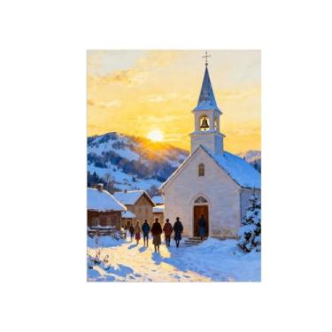 Imagem de Natal Pintura arte parede em tela-Nascer sol igreja rua-Imagem decoração moderna-Impressões Sala de Estar 60x80cm Sem Moldura