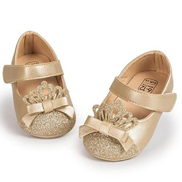 Imagem de Sapatos para bebês meninas com sola macia princesa vestido de casamento Mary Jane Sapatilhas pré-andador sapatos recém-nascidos, A05/dourado, 12-18 Months Toddler
