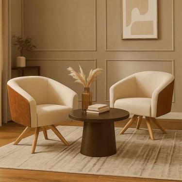 Imagem de Poltrona Sala Giratória Madeira Kit 2 Stella Sintético PU Nozes/Linho 