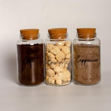 Imagem de Pote de armazenamento cafe Kit Cantinho do Café - ESCOLHA SEU KIT - Potes de Vidro 830 ml com Tampa de Cortiça(Café - Biscoito - Capucc)