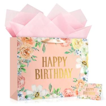 Imagem de YoungTree Bolsa grande de presente de feliz aniversário com papéis de seda e cartão, sacos de presente de papel portátil com alças, sacos de presente floral rosa para mulheres, festa de aniversário