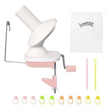 Imagem de IVWNNN Enrolador de fios, enrolador manual de novelos, enrolador de fio rosa para crochê e tricô, enrolador manual de bolo, fio giratório com botão de marcação, agulha de sutura