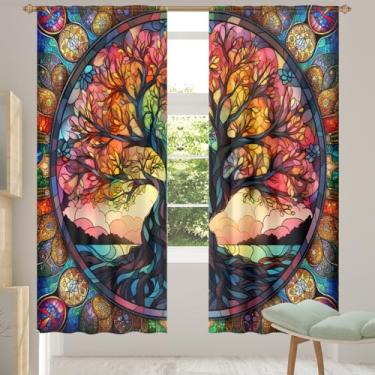 Imagem de 2 conjuntos de painéis de cortinas transparentes coloridas da árvore da vida, cortinas transparentes arejadas com filtro leve, painéis de cortina de porta e janela para sala de estar, quarto, jantar