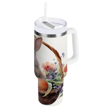 Imagem de ATTX Copo de coelho da Páscoa de 1,134 g com alça, copo de aço inoxidável a vácuo de parede dupla com palha, caneca de café de viagem isolada #431