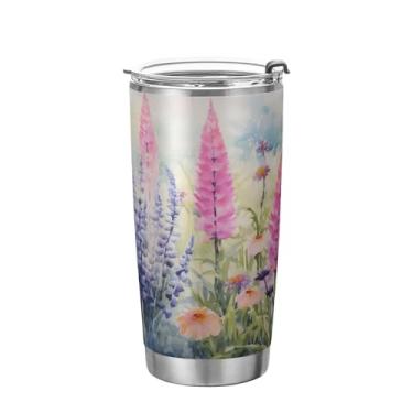 Imagem de xigua Copo de flores silvestres de jardim aquarela com tampa de palha, caneca de viagem a vácuo de parede dupla, caneca de café bem isolada, copo de aço inoxidável para bebidas quentes e frias, 600 ml