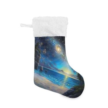 Imagem de Blueangle Pacote com 2 meias bonitas de Natal com cenário de praia de 48 cm para decorações de festas de fim de ano, porta-presentes e meias (471)