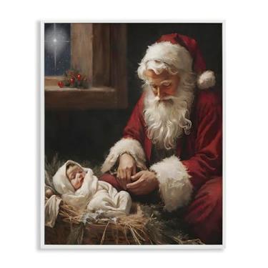 Imagem de Stupell Industries "Santa Believes with Baby Jesus", arte giclée emoldurada, branca, 28 x 35 cm