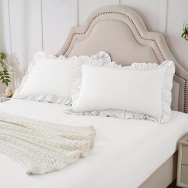 Imagem de Homiest Conjunto de 3 peças de fronhas e lençol com elástico, lençol de casal branco com 2 fronhas com babados, bolso profundo de 38 cm, jogo de cama de microfibra fofo e coquete para decoração de