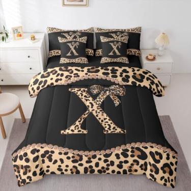Imagem de Conjunto de edredom solteiro com estampa de leopardo com letra X | Conjunto de cama de 7 peças com laço de guepardo Coquete, moderno, moderno, moderno, em uma bolsa, conjunto de colcha de cama com
