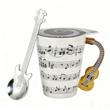Imagem de Caneca exclusiva de guitarra com tampa temática de música, alça de guitarra e colher - presente de Natal, aniversário, dia das mães, para professores de música e amantes de guitarra (guitarra de