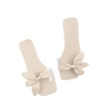 Imagem de OYOANGLE Sandália feminina com laço transparente e rasteira, bico aberto, sem cadarço, sapatos elegantes, Bege, 38