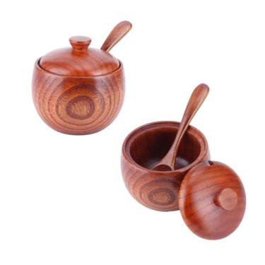 Imagem de 2 peças de saleiro, caixa de sal de madeira, caixa de madeira, recipiente de sal com tampa, colher, recipientes de sal para bancada, pote de especiarias para manter o sal de mesa