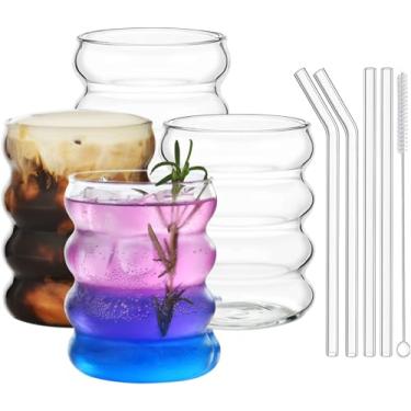 Imagem de ALINK Copos para beber bolhas - copos de vidro fofos em forma de ondulação vintage com nervuras - coquetéis, água, refrigerante, suco, café, leite - 350 ml - conjunto com 4