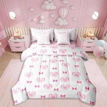Imagem de Erosebridal Jogo de cama casal com estampa de coração kawaii, com laço rosa kawaii, para meninas e meninos, conjunto de lençol com laço e amor de coração para meninas, meninos, cama reversível estilo