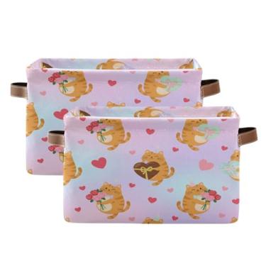 Imagem de Wassud Caixa de armazenamento de lona romântica de corações de gatos com alças, cestas organizadoras dobráveis para armário, banheiro e decoração de casa, pacote com 2