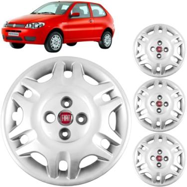 Imagem de Jogo 4 Calotas Aro 14 Fiat Palio e Siena G2 e G3 2002 a 2016 Com Adesivo Logo Vermelho Resinado Grid 055CB
