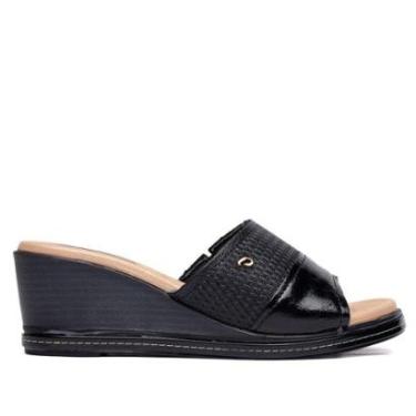 Imagem de Tamanco Feminino Pegada Couro Anabela Texturizado Preto/Bege-Feminino