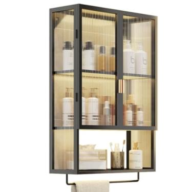 Imagem de Armário de armazenamento estreito para banheiro - Armário lateral de vaso sanitário montado na parede com portas duplas de acrílico - Rack organizador versátil de cozinha e banheiro para soluções de