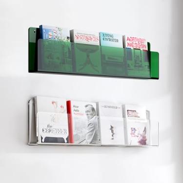Imagem de Suporte de revista de acrílico, pacote com 2 - suporte de brochura de parede transparente e verde, organizador de prateleira de livros elegante para escritório, cafeteria, sala de espera, exibição