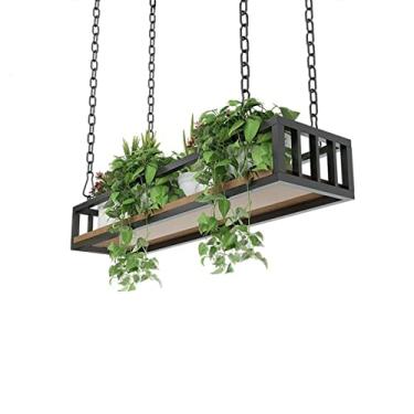 Imagem de Prateleiras de decoração flutuantes, suporte de vaso de flores de plantas para pendurar no teto com corrente de ferro artigo e moldura de ferro rack de armazenamento de cozinha de madeira suporte de