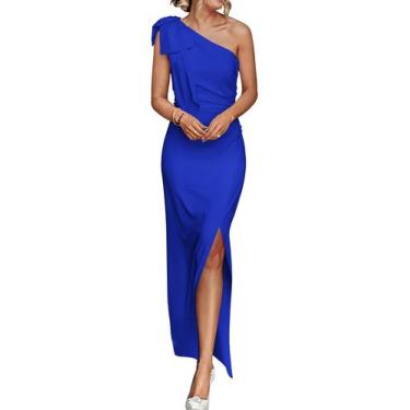 Imagem de Vestido PRETTYGARDEN Feminino Ombro Único com Franzidos Maxi Azul Roya