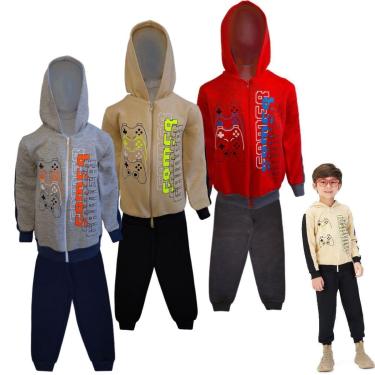 Imagem de Conjunto Moletom Infantil Masculino Blusa Calça Flanelado Capuz Ziper Roupa Agasalho me...