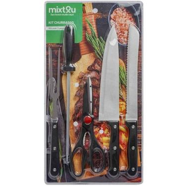 Imagem de Kit Churrasco 5 Peças com Tesoura Amolador 2 Facas Serrilhadas e Garfo para Grelha Santana