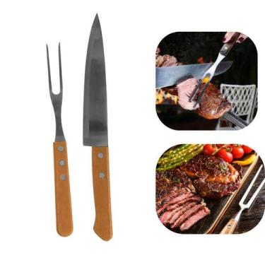 Imagem de Conjunto Churrasco Faca e Garfo Inox Cabo Madeira Antenas Em Casa Tem