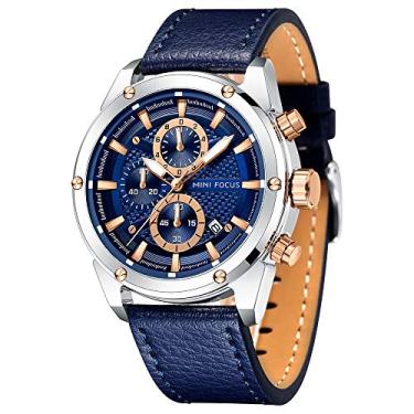 Imagem de Relógio de pulso masculino casual de negócios (multifunções/à prova d'água/luminoso/calendário) pulseira de couro para homens, Azul