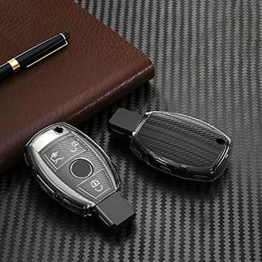 Imagem de YJADHU Chaveiro de capa de chave de carro de grão de carbono TPU, apto para Mercedes Benz A B C E GL S GLA GLK CLS Class AMG W204 W205 W212 W463 W176, preto