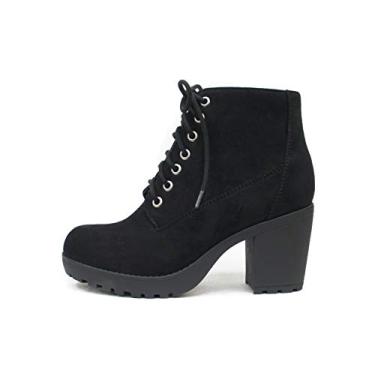 Imagem de Bota de cano baixo SODA Segunda Lug Sole salto grosso combate cano curto cadarço com zíper lateral, Black Imitation Suede, 8.5