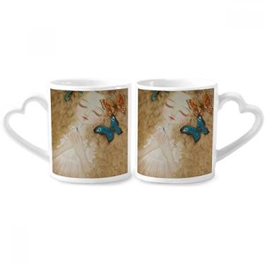 Imagem de Conjunto de canecas de porcelana para casal com pintura chinesa de borboleta, vestido com alça de coração