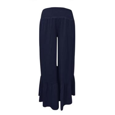 Imagem de Calça feminina casual franzida cintura alta babados perna larga cor sólida calças de linho calças retas, Azul escuro, XXG