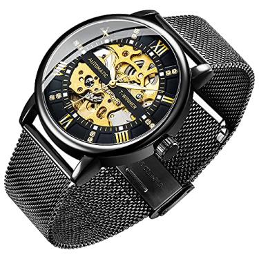 Imagem de Dentily Relógio Esqueleto Masculino Clássico Numeral Romano Steampunk Relógio Mecânico Relógio Masculino com Vento Manual (Azul), Preto, dourado, Mecânico