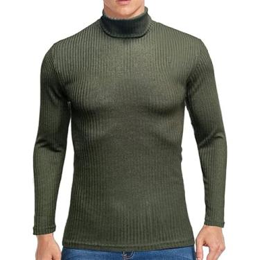 Imagem de Suéter masculino outono e inverno gola alta quente camisa masculina manga longa camiseta de malha, Verde militar, G