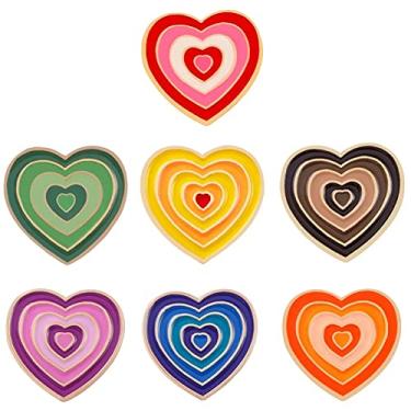 Imagem de Tvoip 7 peças de alfinetes de esmalte de coração de cor arco-íris broche feminino bonito arco-íris gradiente em forma de coração broche acessórios de alfinetes de metal pintados emblemas de desenho