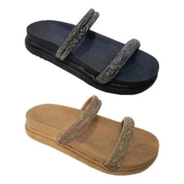 Imagem de Kit Sandália Strass Flat Papete Anatômica 2 Tiras Moda Pé 1-Feminino
