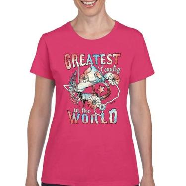 Imagem de Camiseta feminina Greatest Country in The World Cowgirl Cowboy Girlfriend Southwest Rodeo Country Western Rancher, Rosa choque, 3G