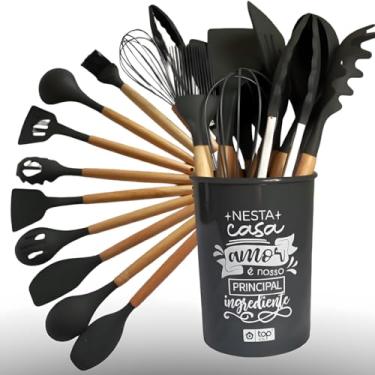 Imagem de Kit De Cozinha 12 Peças Utensílios De Silicone Antiaderentes Com Cabos De Madeira e Nylon, Suporta Temperaturas até 230°C, Cabos Ultras Resistentes De Madeiras Não Riscam Suas Panelas UTIMAIS+