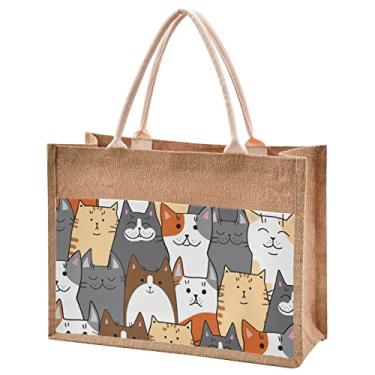 Imagem de CaTaKu Bolsas tote de juta engraçadas com alças e zíper Bolsas de compras reutilizáveis de supermercado, bolsas de estopa com bolso frontal em lona Sacos de presente para praia 25,4 x 25,4 cm