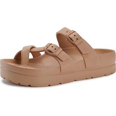 Imagem de WHITIN Chinelos para mulheres, homens, fivela dupla, ajustável, sola grossa, almofada, sandálias de banheiro, Marrom, 7.5-8.5 Women/6-7 Men